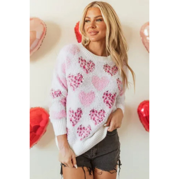 Pink and White Leopard Print Heart Pattern Women's Sweater Size Large NWOT - Picture 13 of 15